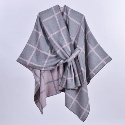 Grey and Pink Elegant Check Knit Travel Shawl with Stylish Side-Slit Design - Fall & Winter Luxurious Cashmere-Feel Pullover Cape (135 x 155 CM) - Image 2