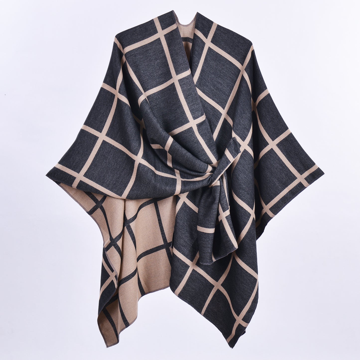Black and Brown Elegant Check Knit Travel Shawl with Stylish Side-Slit Design - Fall & Winter Luxurious Cashmere-Feel Pullover Cape (135 x 155 CM) - Image 2