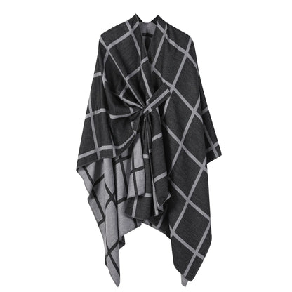 Black and Grey Elegant Check Knit Travel Shawl with Stylish Side-Slit Design - Fall & Winter Luxurious Cashmere-Feel Pullover Cape (135 x 155 CM)