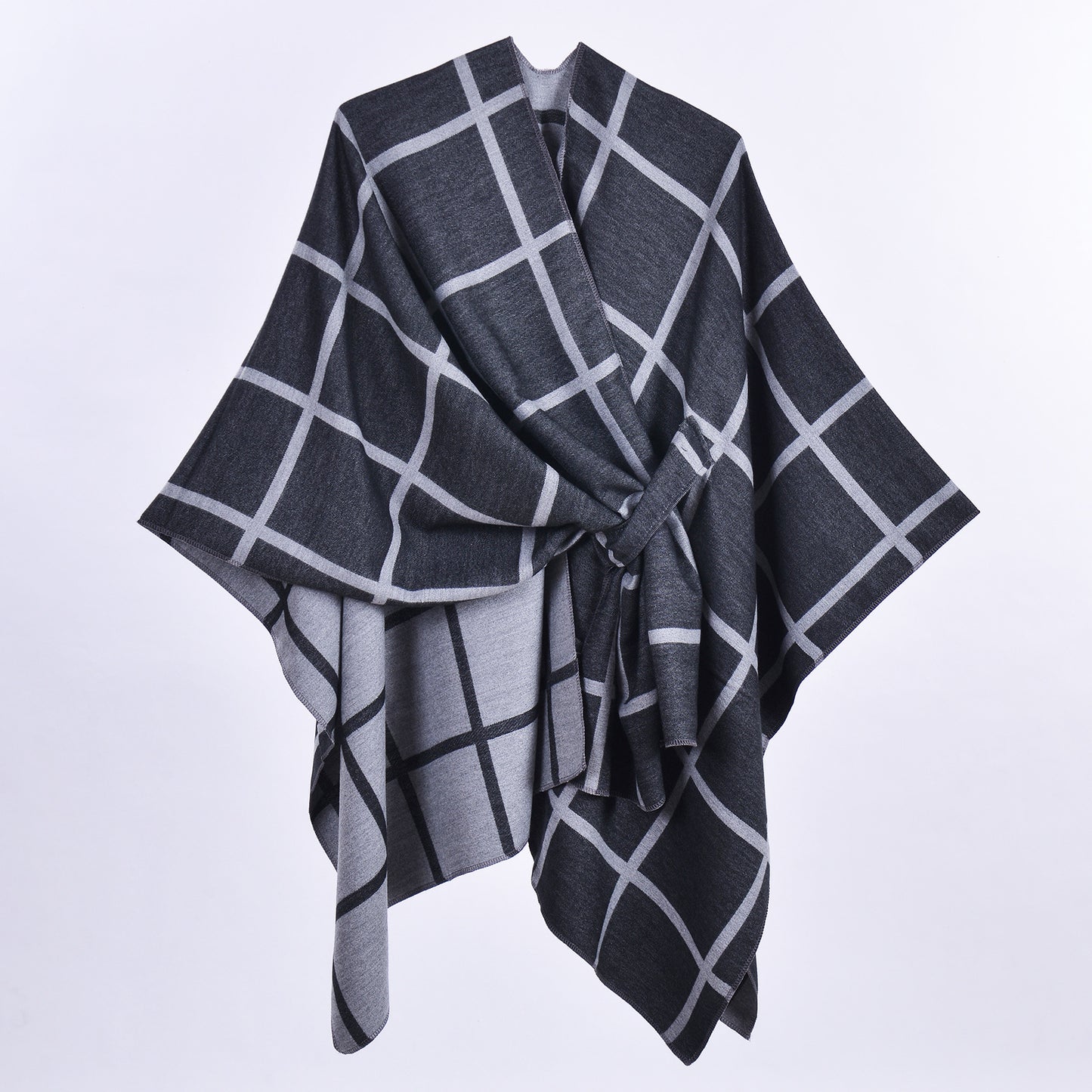 Black and Grey Elegant Check Knit Travel Shawl with Stylish Side-Slit Design - Fall & Winter Luxurious Cashmere-Feel Pullover Cape (135 x 155 CM) - Image 2