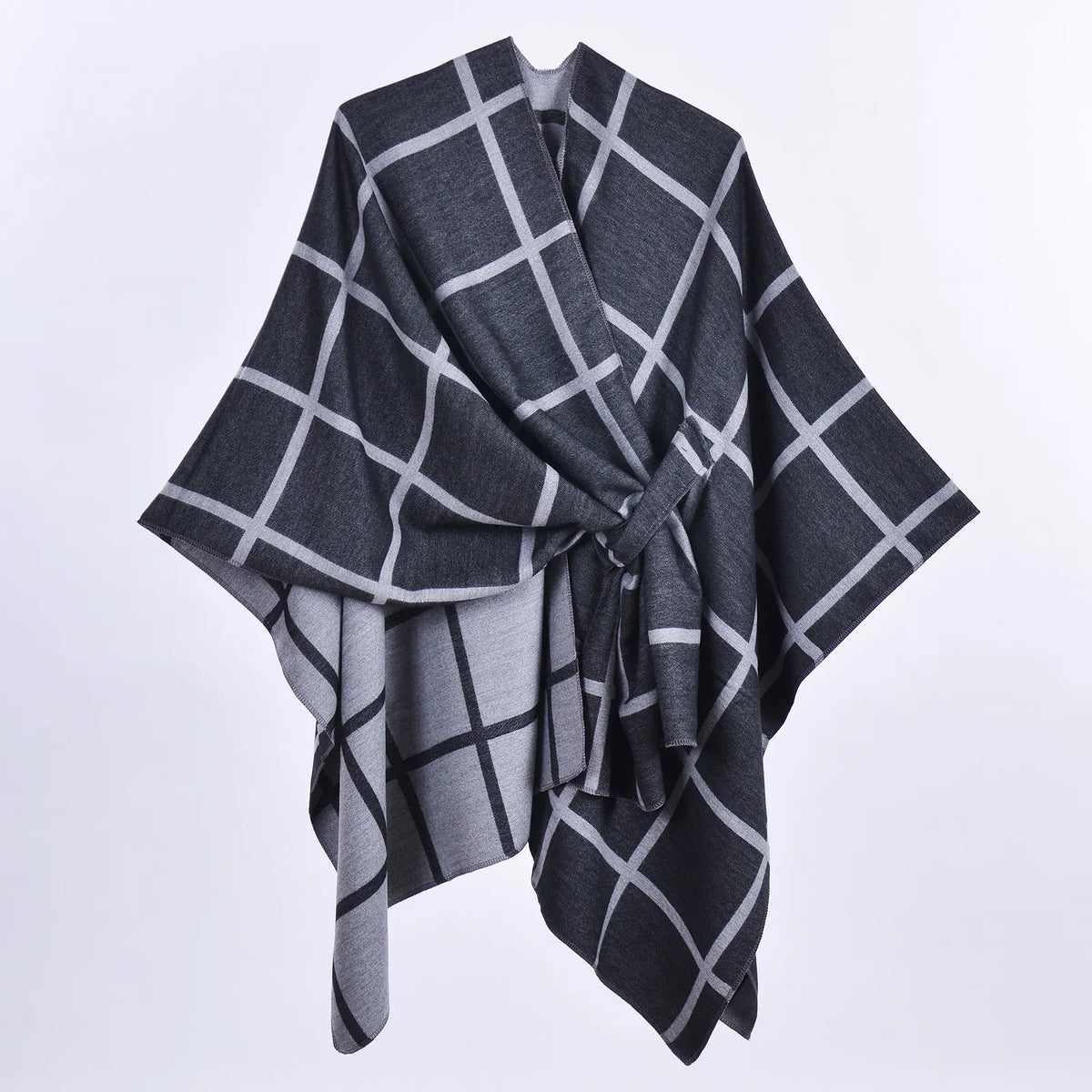 Black and Grey Elegant Check Knit Travel Shawl with Stylish Side-Slit Design - Fall & Winter Luxurious Cashmere-Feel Pullover Cape (135 x 155 CM) - Image 2