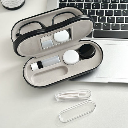 Black Leather Dual-Layer Eyewear Case with Mirror & Lens Care Kit - Rigid Travel Organizer for Glasses and Contact Lenses - Image 4