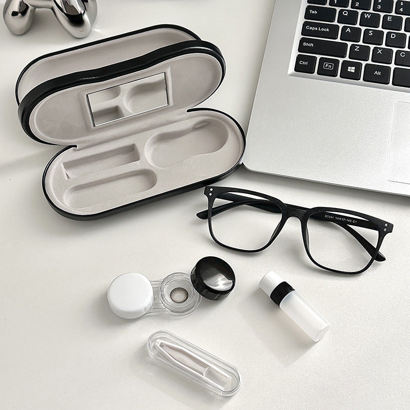 Premium Eye Care Travel Set: 2-in-1 Black Dual-Layer Leather Eyewear Case and Smart Ultrasonic Contact Lens Cleaner with Mirror & Lens Care Kit  - Image 4