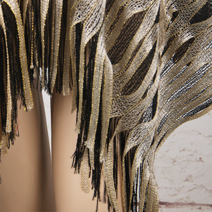 Gold Boho Hollow-Out Wave Poncho Shawl with Tassel Hem - Elegant Dual-Tone Color Block Oversized Wrap for Fall & Winter Layering - Image 2