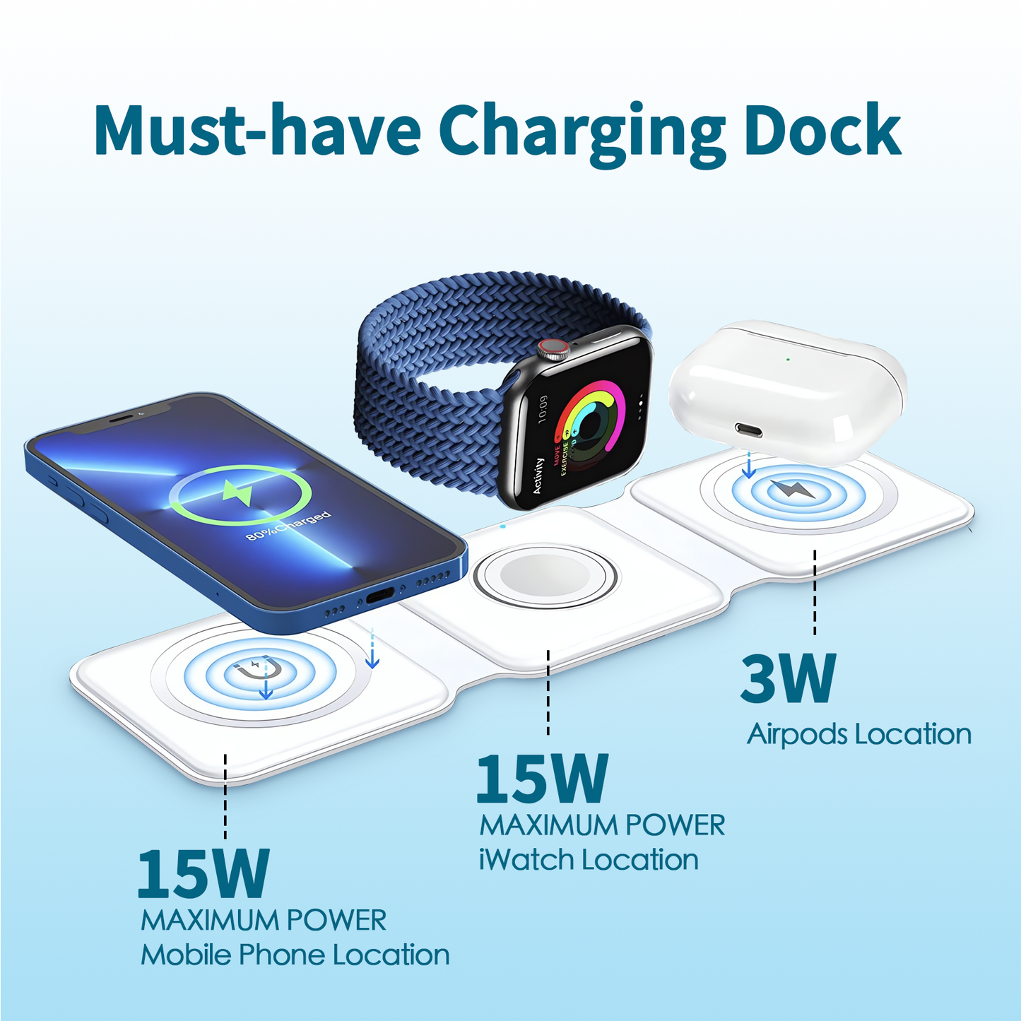3 in 1 Wireless 15W Qi Fast Charging Foldable Station for Apple Mag Safe - Image 2