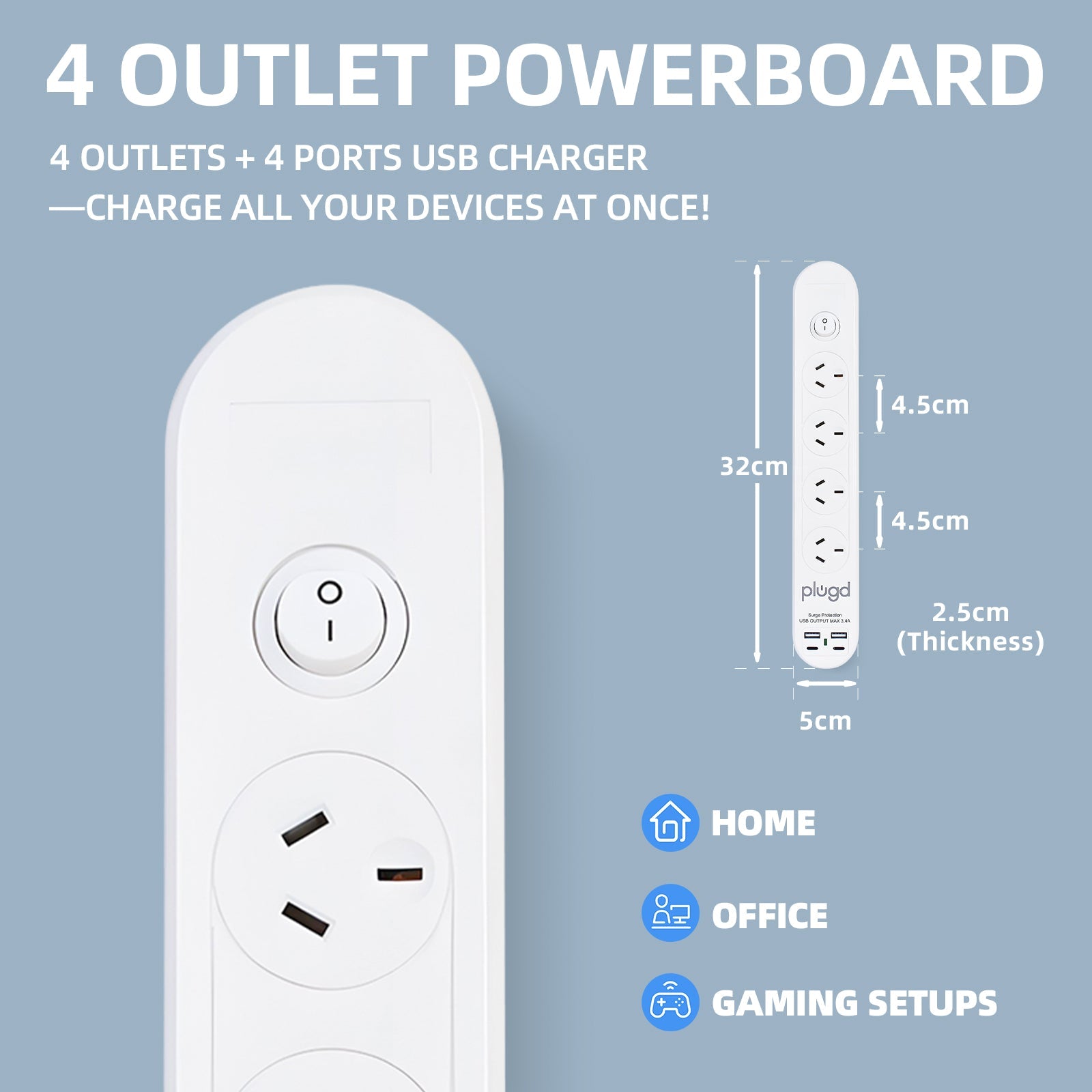 Plugd 2 USB A + 2 USB C 240V 10A Powerboard with Surge Protection - Image 4