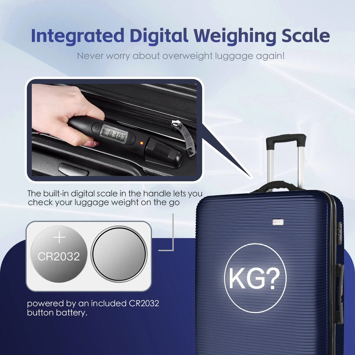 3 pcs 20"/24"/28" Digital Weighing Scale and USB Charging Port Lightweight Luggage Suitcase Blue - Image 2