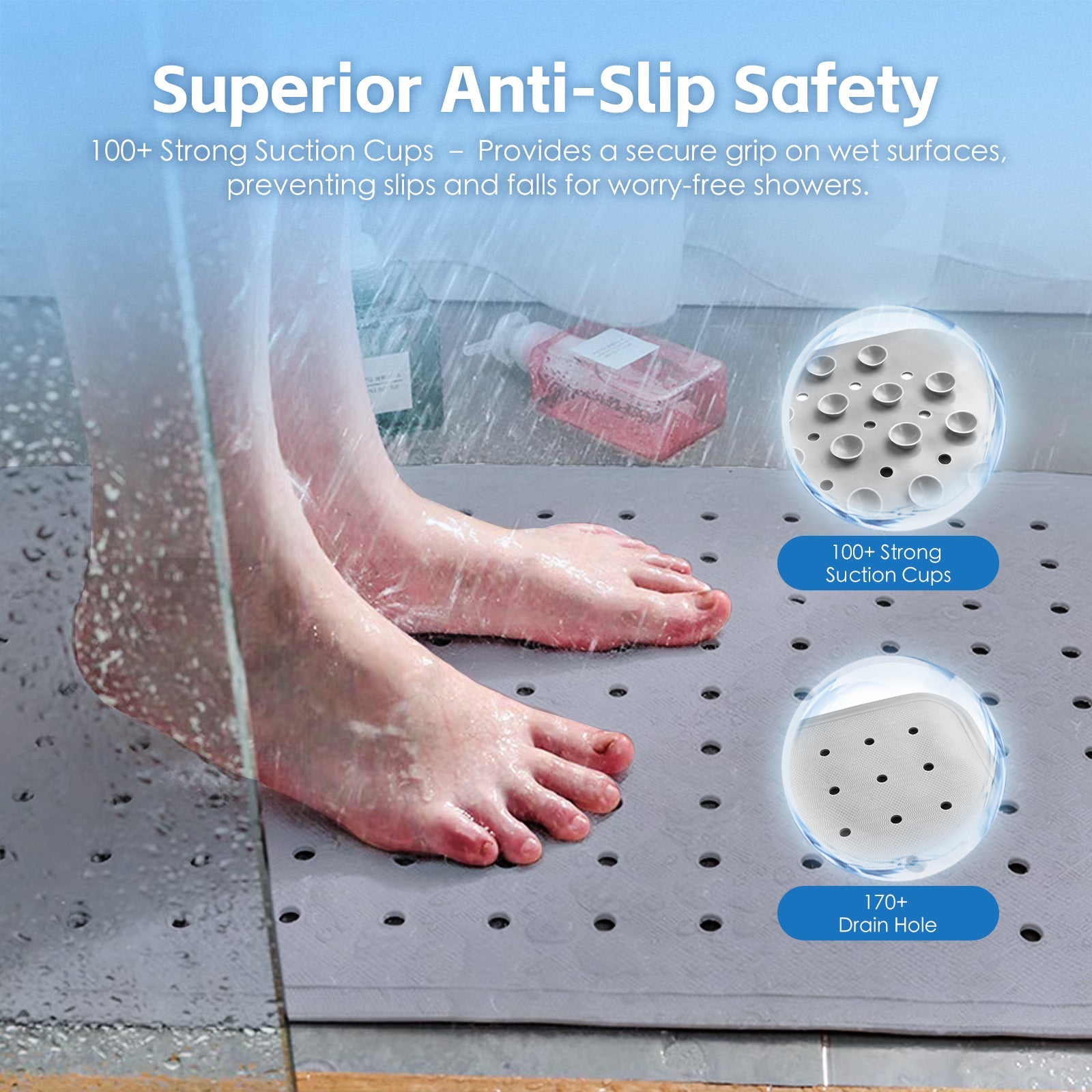 2Pack 70×40 cm Anti‑Slip Grip Shower Mat Quick‑Dry Bath Mat with 100+ Suction Cups - Image 2