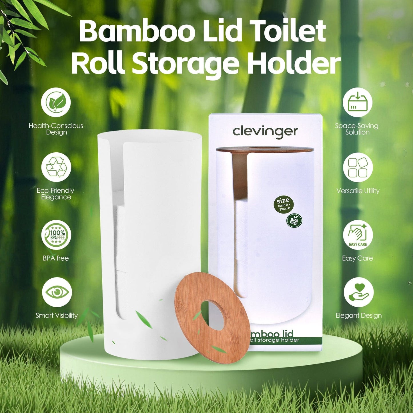 2 Pcs Bamboo Lid Toilet Roll Storage Holder – Clevinger Series, Eco-Friendly Moso Bamboo - Image 2