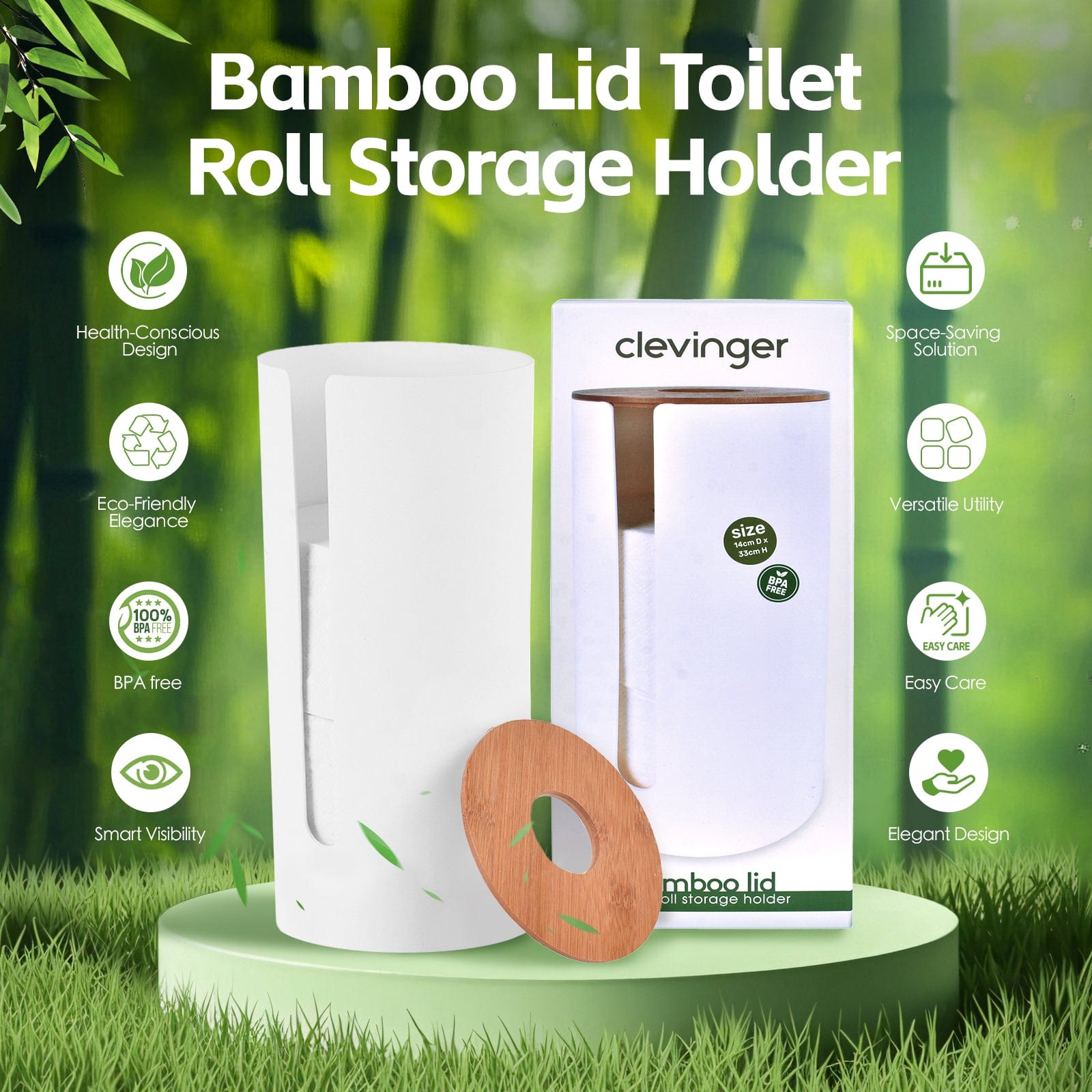 2 Pcs Bamboo Lid Toilet Roll Storage Holder – Clevinger Series, Eco-Friendly Moso Bamboo - Image 2