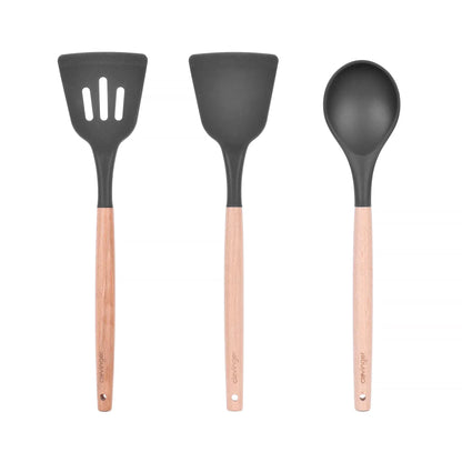 3 Pcs Beechwood & Silicone Kitchen Cooking Utensils Set - Turner/Spoon/Slotted Turner  - Charcoal