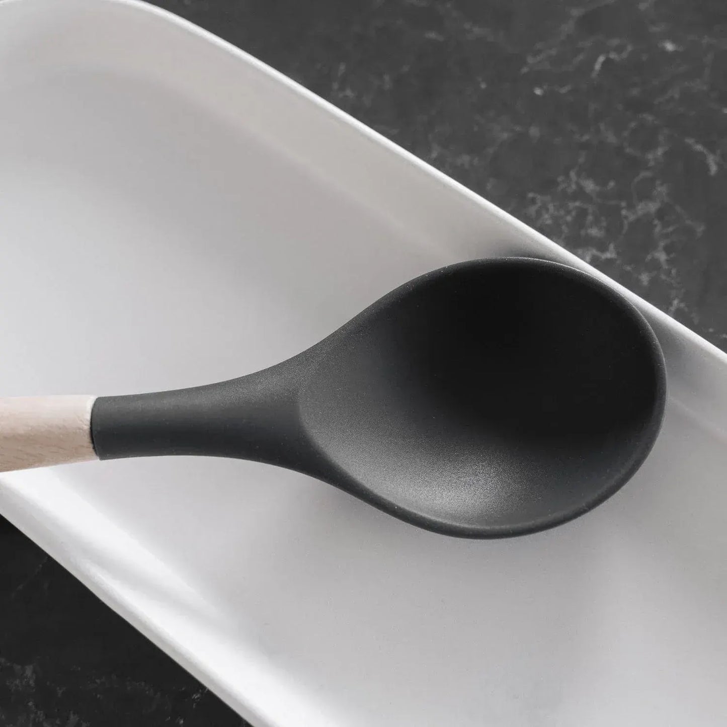 3 Pcs Beechwood & Silicone Kitchen Cooking Utensils Set - Turner/Spoon/Slotted Turner  - Charcoal - Image 3