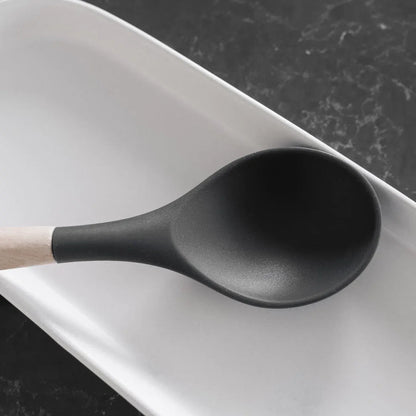 3 Pcs Beechwood & Silicone Kitchen Cooking Utensils Set - Turner/Spoon/Slotted Turner  - Charcoal - Image 3