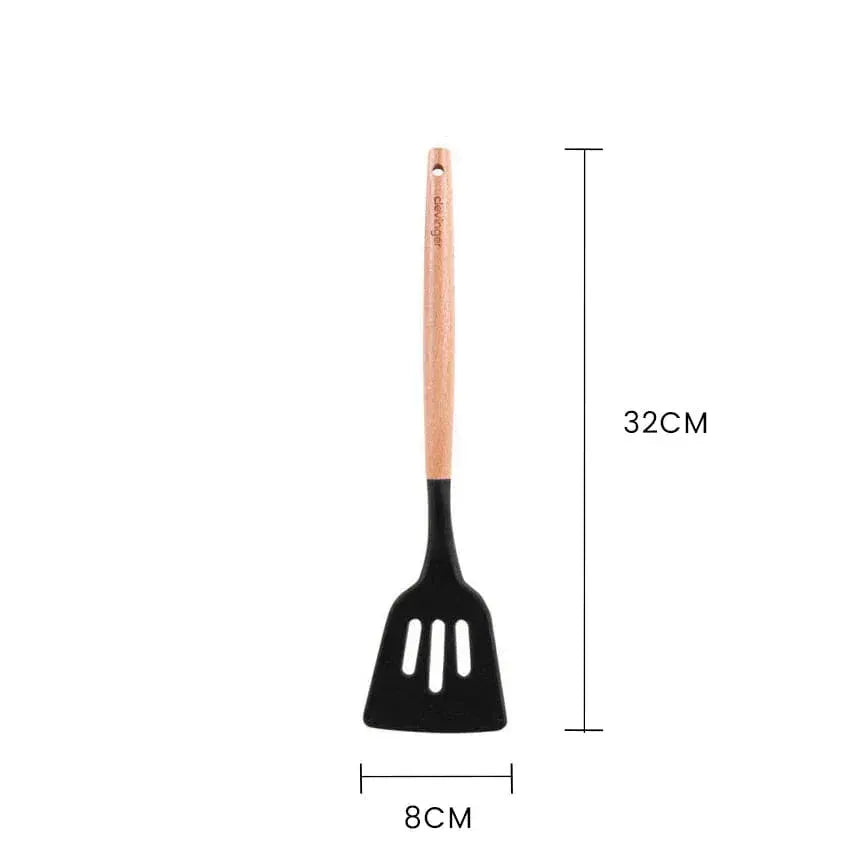 3 Pcs Beechwood & Silicone Kitchen Cooking Utensils Set - Turner/Spoon/Slotted Turner  - Charcoal - Image 5
