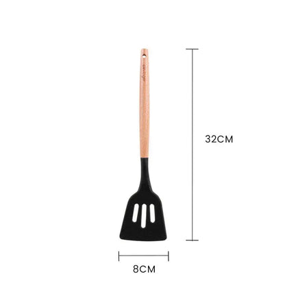 3 Pcs Beechwood & Silicone Kitchen Cooking Utensils Set - Turner/Spoon/Slotted Turner  - Charcoal - Image 5