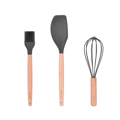 3 Pcs Beechwood & Silicone Kitchen Baking Utensils Set – Charcoal (Spatula, Whisk, Basting Brush)