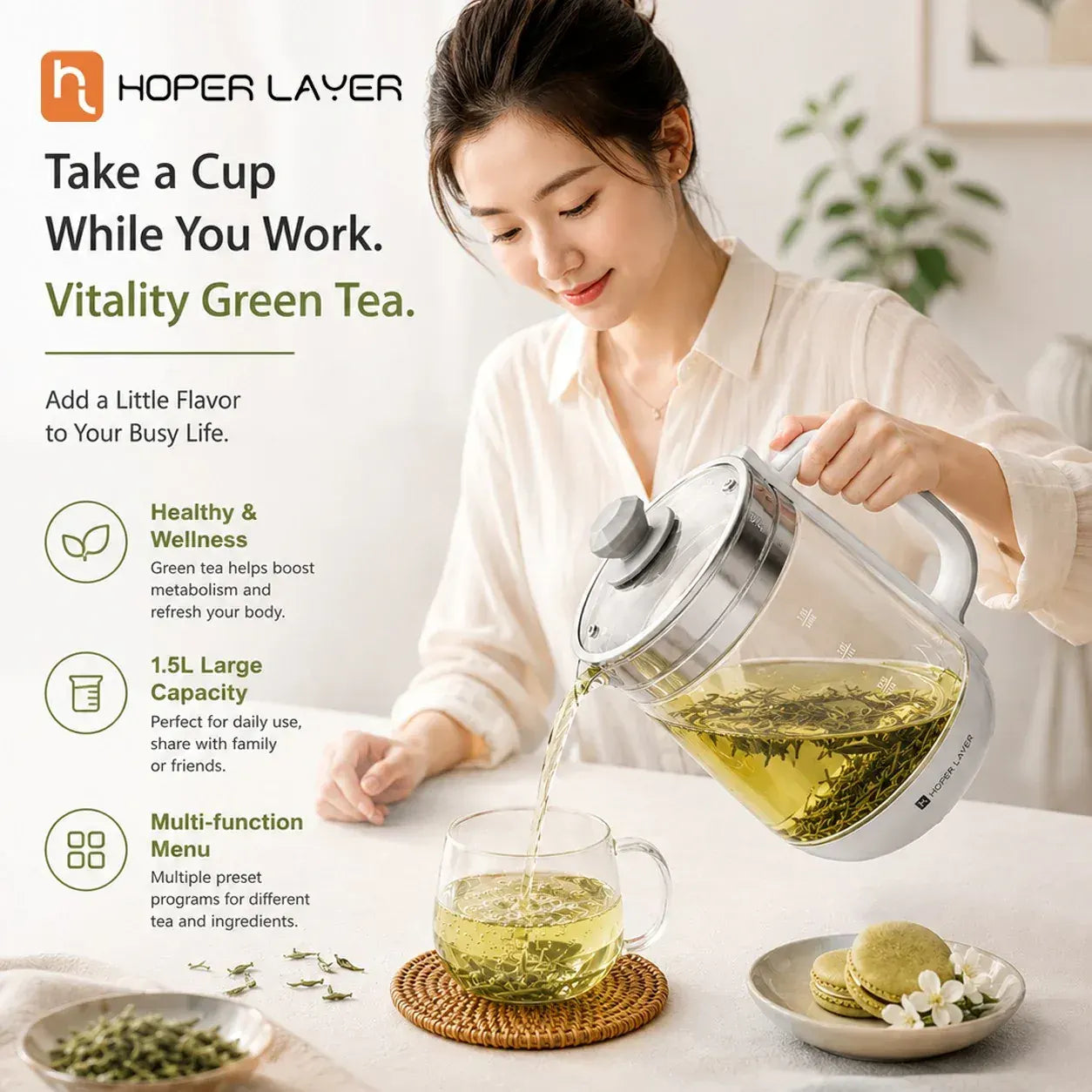 HOPER LAYER FA-K1501 Electric Glass Tea Kettle 1.5L Tea Maker SAA Certified - Image 2