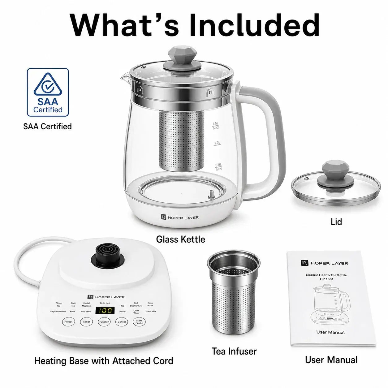 HOPER LAYER FA-K1501 Electric Glass Tea Kettle 1.5L Tea Maker SAA Certified - Image 6