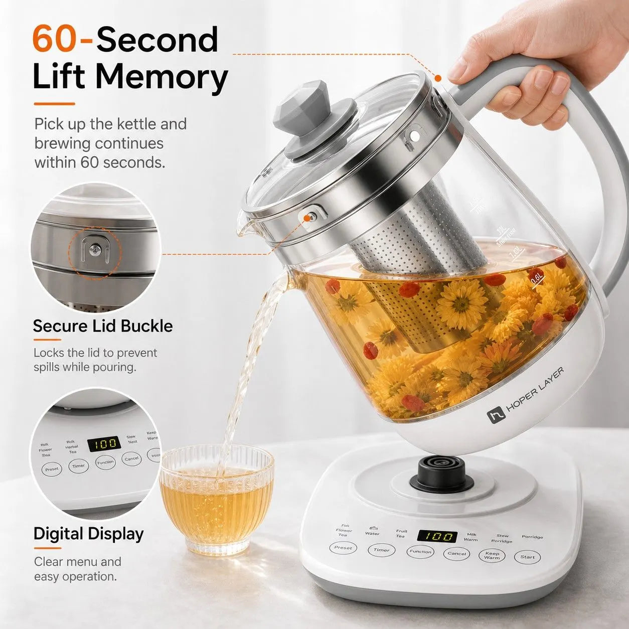 HOPER LAYER FA-K1501 Electric Glass Tea Kettle 1.5L Tea Maker SAA Certified - Image 8