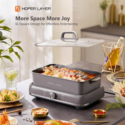 HOPER LAYER Electric Hot Pot 6L – Multifunctional Nonstick Cooker with Grill, Boil, Simmer & Fry Modes 2000W Power, Square Removable Pot - Image 2