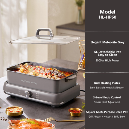 HOPER LAYER Electric Hot Pot 6L – Multifunctional Nonstick Cooker with Grill, Boil, Simmer & Fry Modes 2000W Power, Square Removable Pot - Image 8