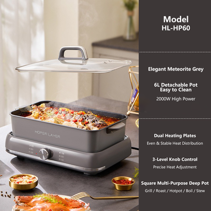 HOPER LAYER Electric Hot Pot 6L – Multifunctional Nonstick Cooker with Grill, Boil, Simmer & Fry Modes 2000W Power, Square Removable Pot - Image 8