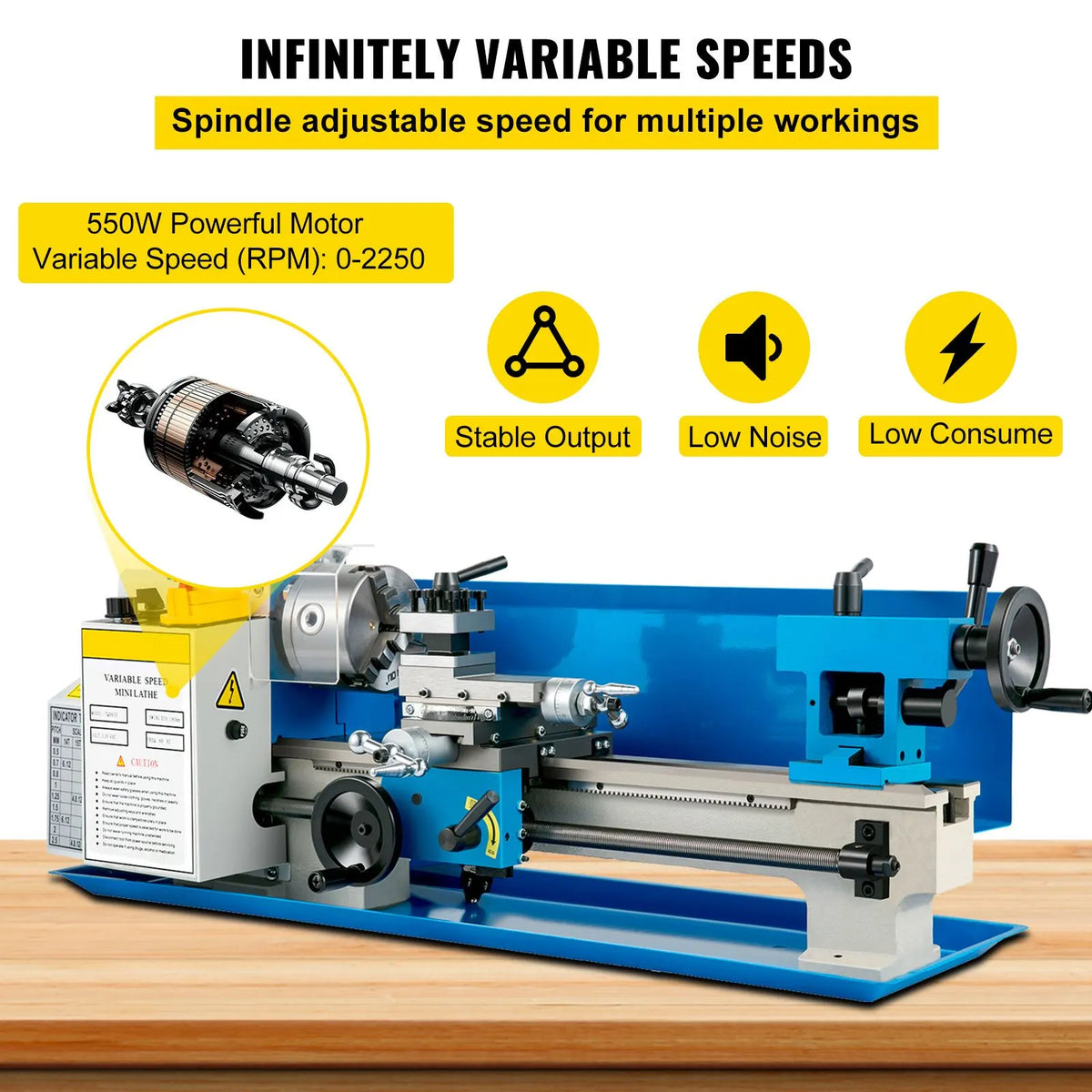 Metal Lathe 7'' x 14'', Mini Metal Lathe 0-2500 RPM Variable Speed,Mini Lathe with 4\" 3-jaw Chuck,Bench Top Metal Lathe, Benchtop Lathe, for Various Types of Metal Turning - Image 4