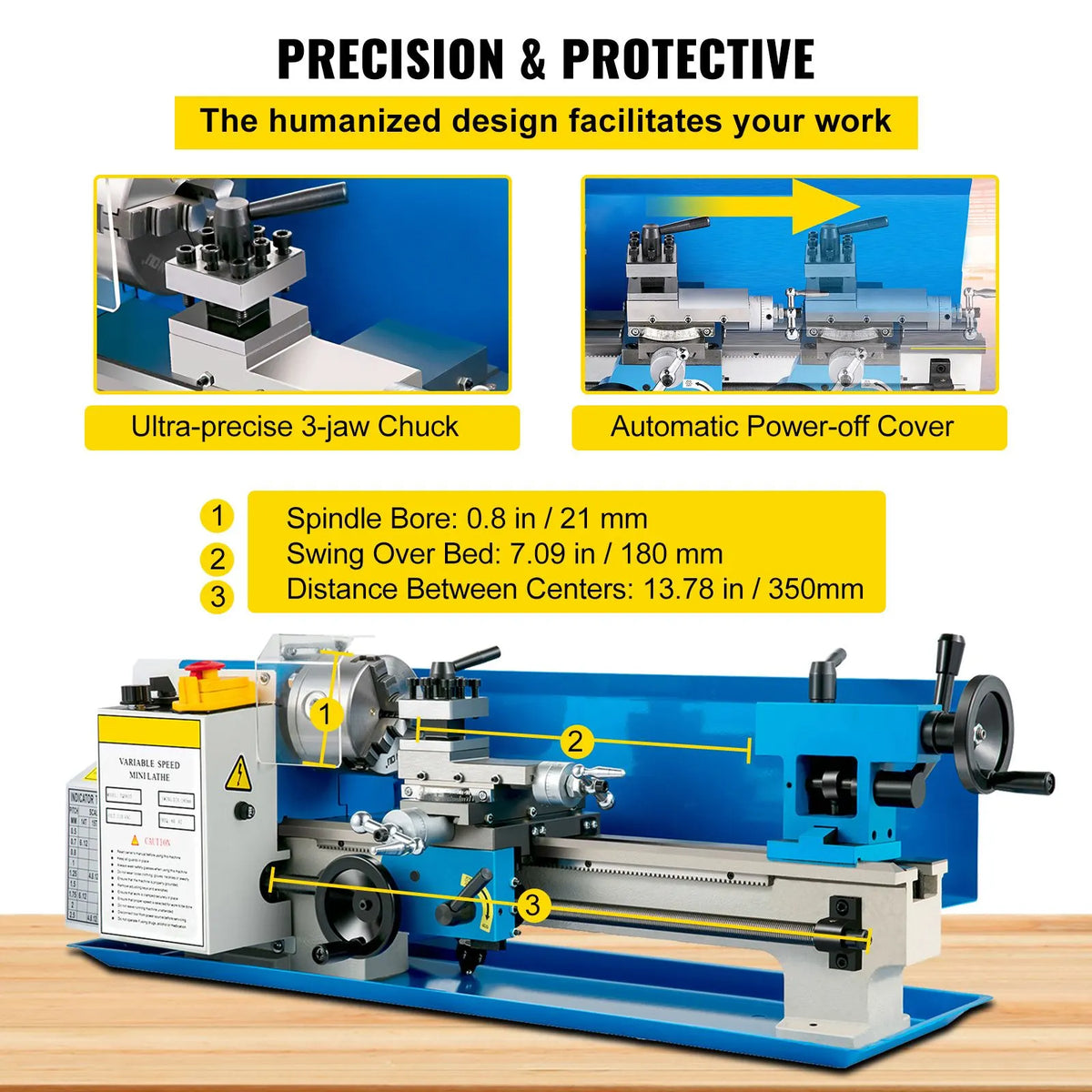 Metal Lathe 7'' x 14'', Mini Metal Lathe 0-2500 RPM Variable Speed,Mini Lathe with 4\" 3-jaw Chuck,Bench Top Metal Lathe, Benchtop Lathe, for Various Types of Metal Turning - Image 5
