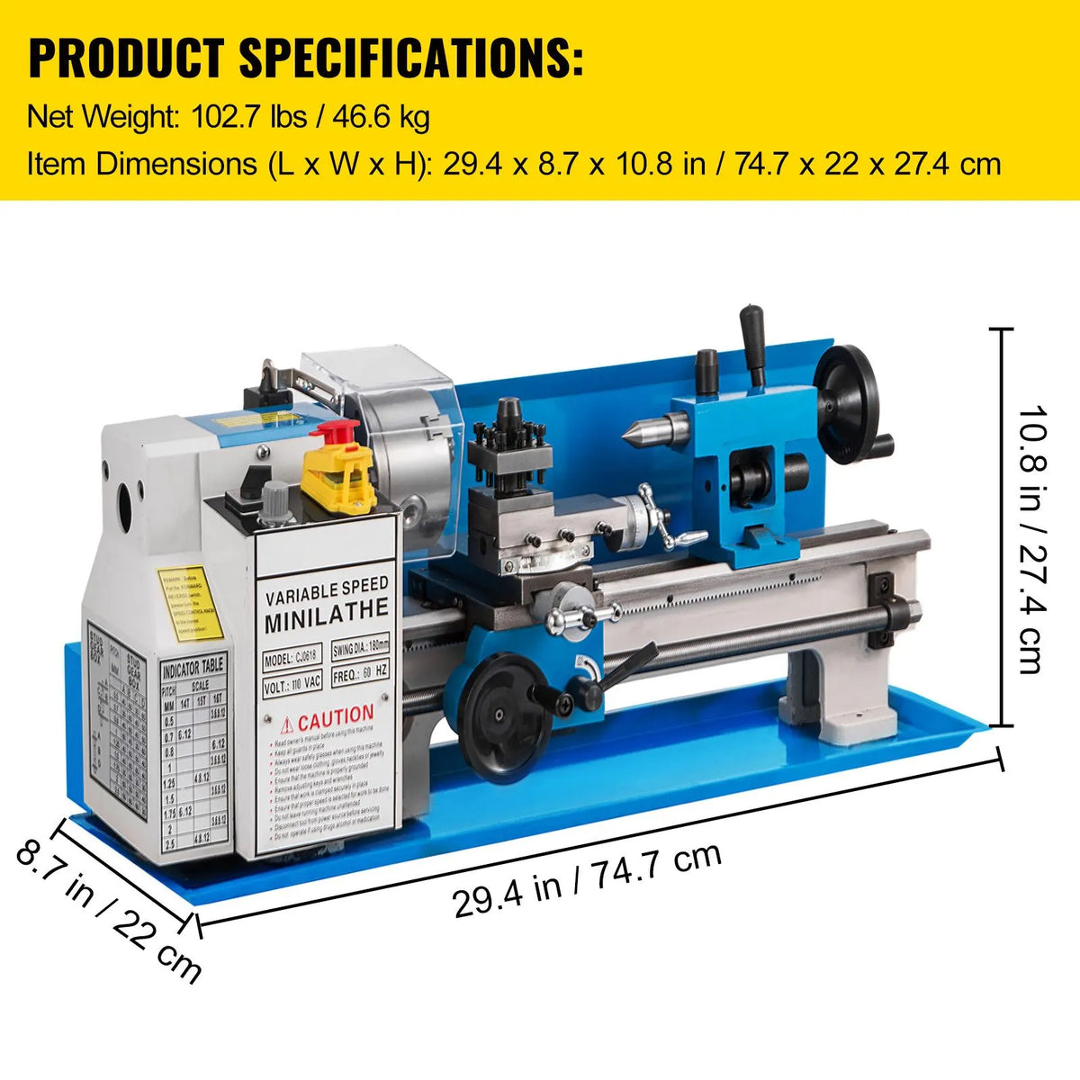 Metal Lathe 7'' x 14'', Mini Metal Lathe 0-2500 RPM Variable Speed,Mini Lathe with 4\" 3-jaw Chuck,Bench Top Metal Lathe, Benchtop Lathe, for Various Types of Metal Turning - Image 7