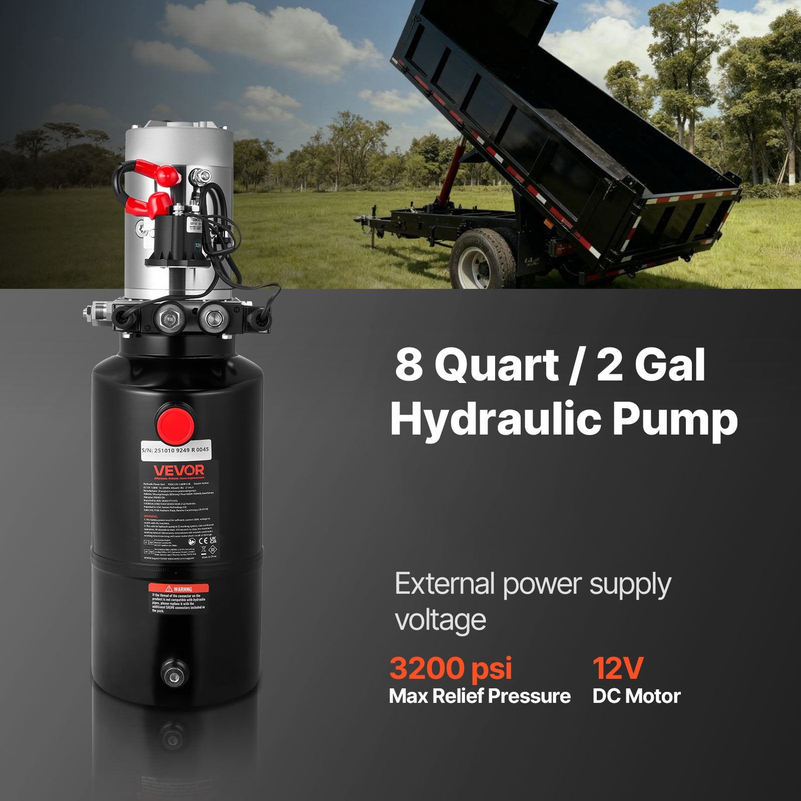 8 L Hydraulic Power Unit, Double Acting Dump Trailer Pump, 22 MPa Max Relief Pressure & 3.4 L/min Flow Rate, DC 12V Hydraulic Pump with Metal Reservoir for Dump Trailer Car Lifting - Image 2