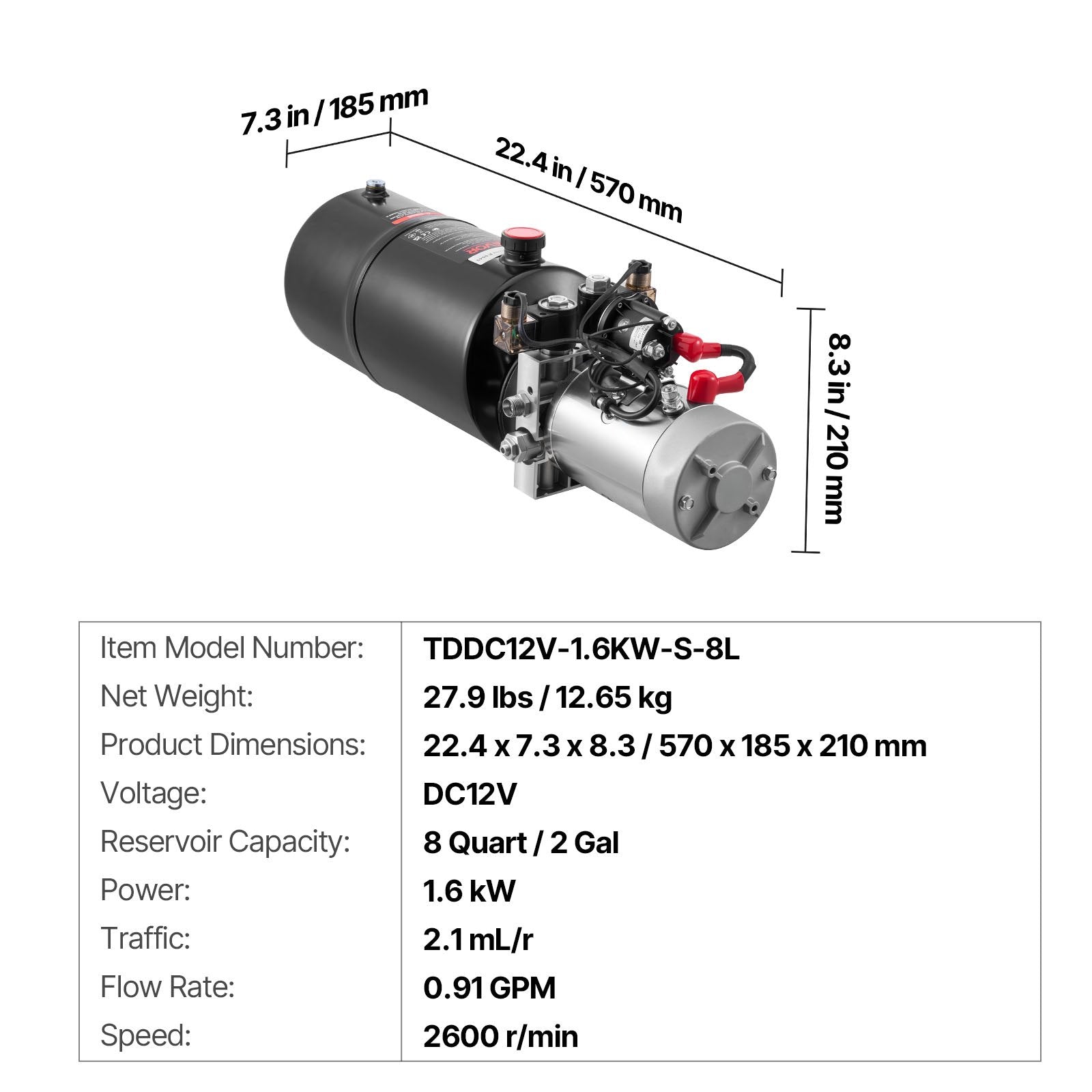 8 L Hydraulic Power Unit, Double Acting Dump Trailer Pump, 22 MPa Max Relief Pressure & 3.4 L/min Flow Rate, DC 12V Hydraulic Pump with Metal Reservoir for Dump Trailer Car Lifting - Image 7
