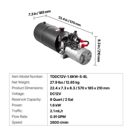 8 L Hydraulic Power Unit, Double Acting Dump Trailer Pump, 22 MPa Max Relief Pressure & 3.4 L/min Flow Rate, DC 12V Hydraulic Pump with Metal Reservoir for Dump Trailer Car Lifting - Image 7