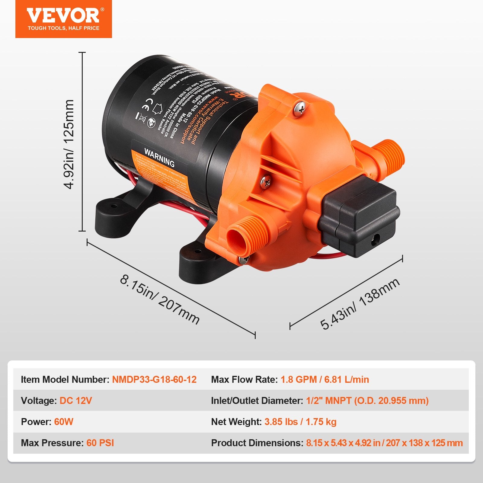 Diaphragm Pump 1.8GPM 6.81 L/min 3-Chamber Water Pump Pressure Switch - Image 7
