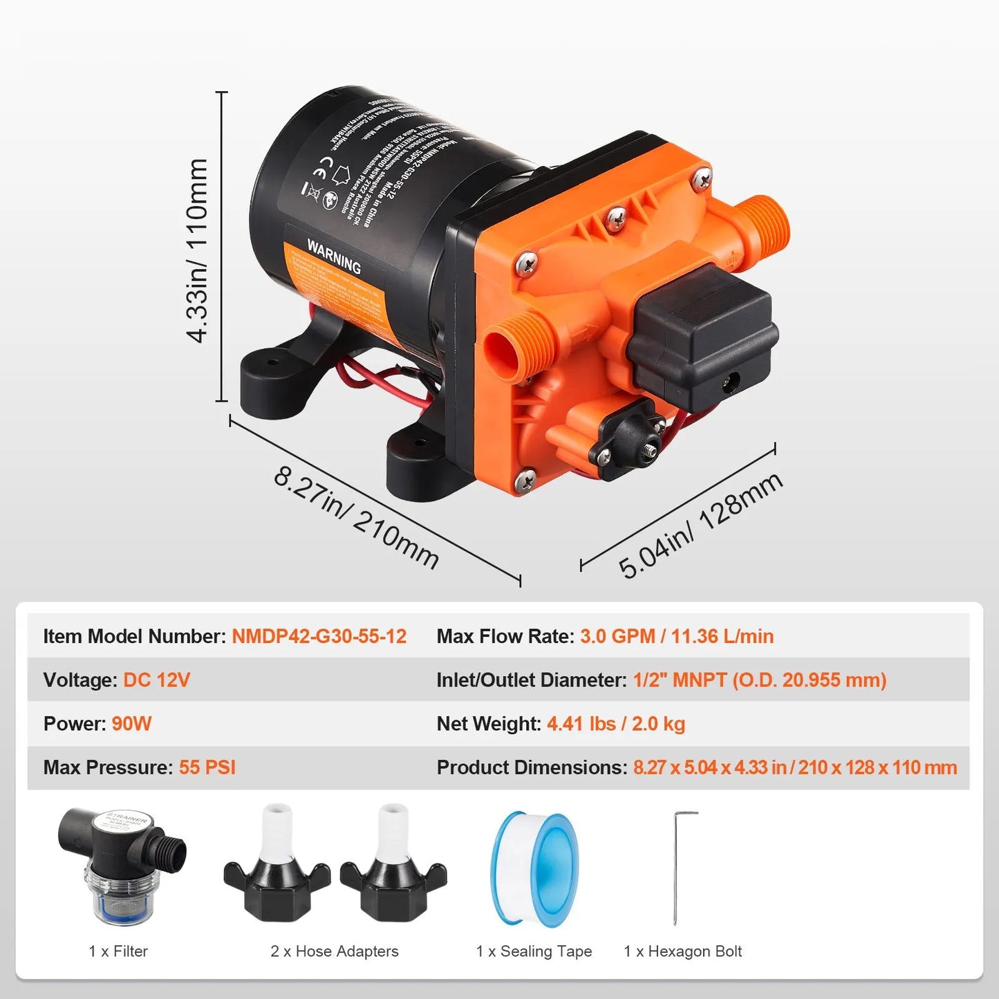 Diaphragm Pump 3GPM 11.36 L/min 4-Chamber Water Pump Pressure Switch - Image 7