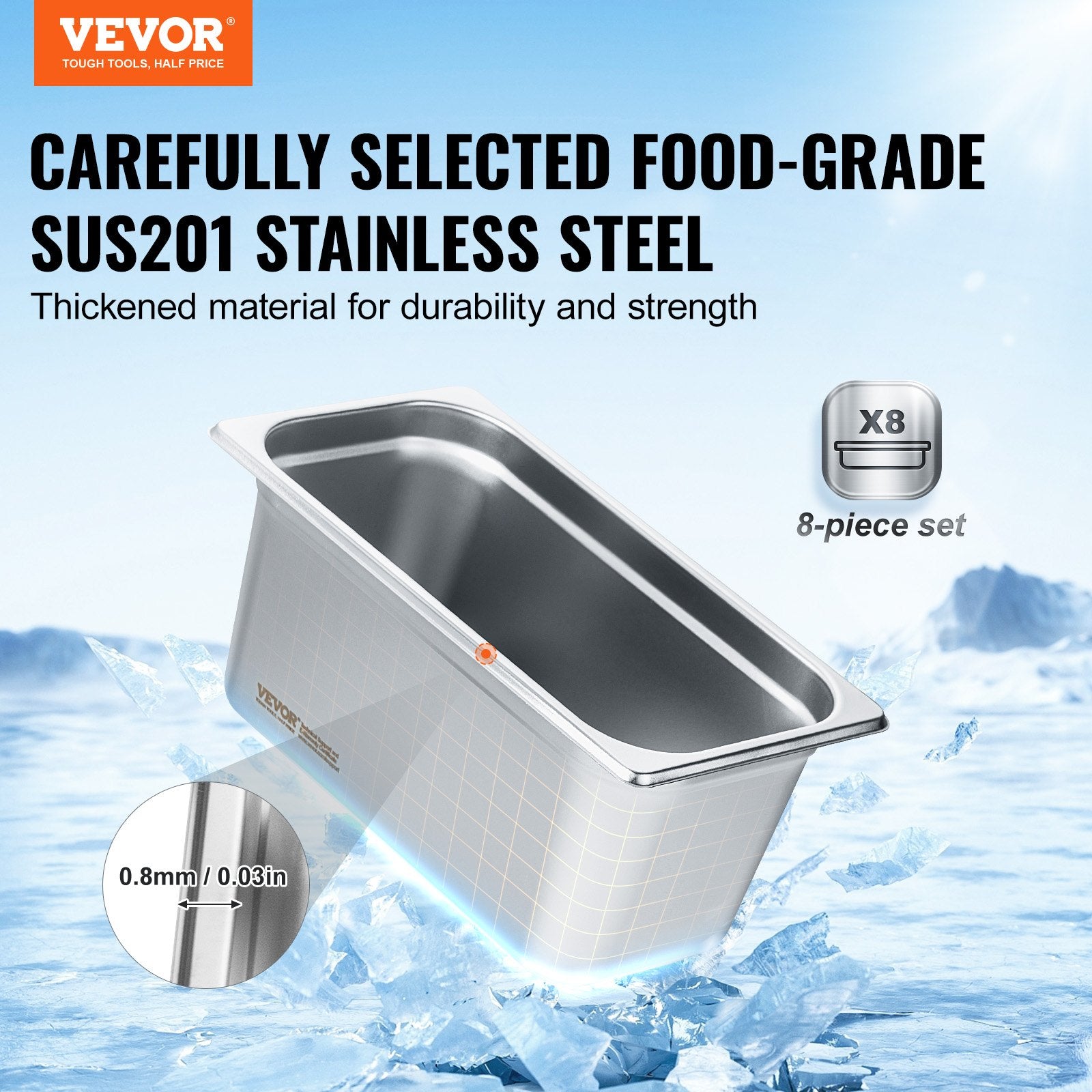 8 Pack Hotel Pans, 1/3 Size Anti-Jam Steam Pan with Lid, 0.8mm Thick Stainless Steel Steam Table Pan, 6-Inch Deep Commercial Table Pan, Catering Storage Food Pan, for Industrial & Scientific - Image 2