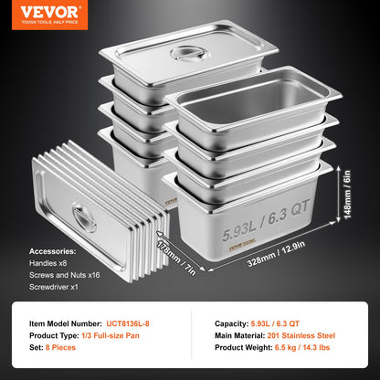 8 Pack Hotel Pans, 1/3 Size Anti-Jam Steam Pan with Lid, 0.8mm Thick Stainless Steel Steam Table Pan, 6-Inch Deep Commercial Table Pan, Catering Storage Food Pan, for Industrial & Scientific - Image 7