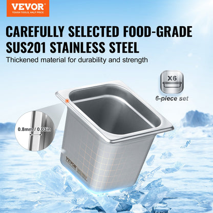 6 Pack Hotel Pans, 1/6 Size Anti-Jam Steam Pan, 0.8mm Thick Stainless Steel Restaurant Steam Table Pan, 6-Inch Deep Commercial Table Pan, Catering Storage Food Pan, for Industrial & Scientific - Image 2