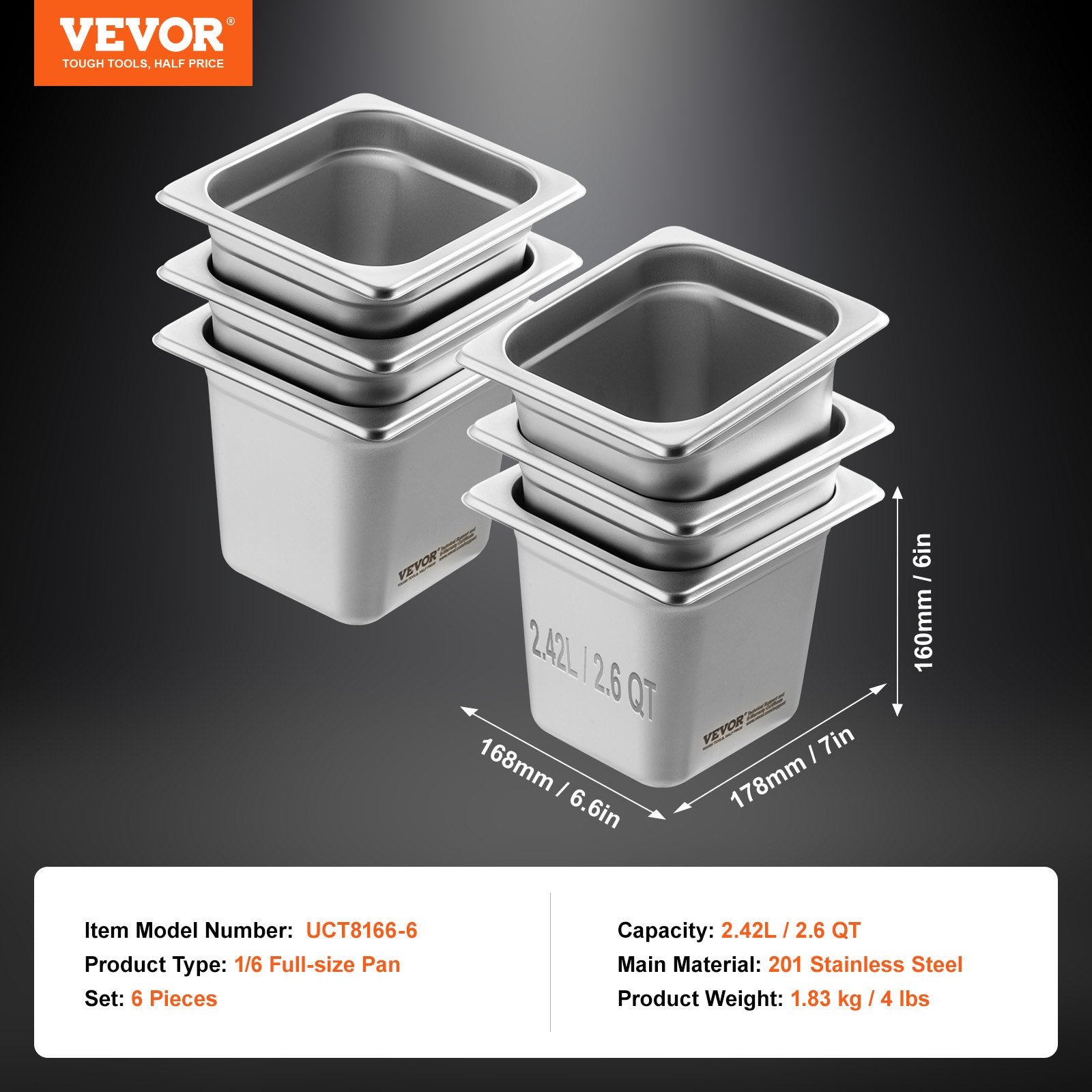 6 Pack Hotel Pans, 1/6 Size Anti-Jam Steam Pan, 0.8mm Thick Stainless Steel Restaurant Steam Table Pan, 6-Inch Deep Commercial Table Pan, Catering Storage Food Pan, for Industrial & Scientific - Image 7