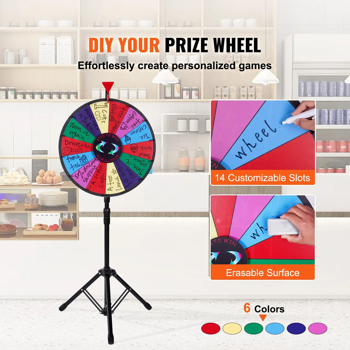 18 Inch Tabletop Color Prize Wheel with Folding Tripod Floor Stand 14 Slots Dry Erase - Image 2