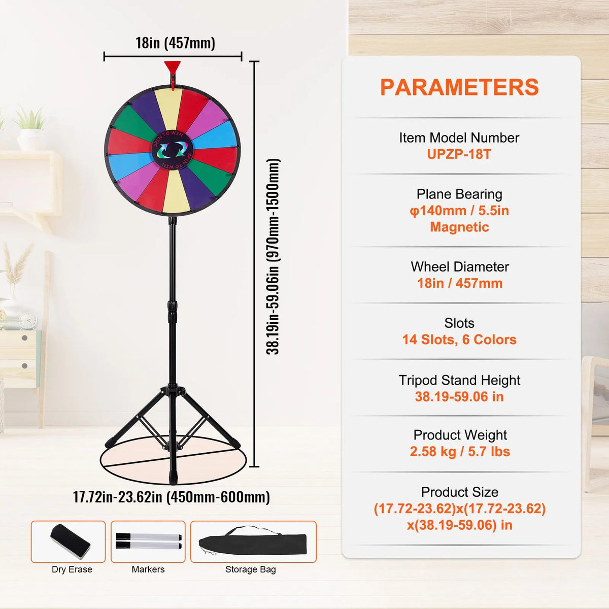 18 Inch Tabletop Color Prize Wheel with Folding Tripod Floor Stand 14 Slots Dry Erase - Image 7