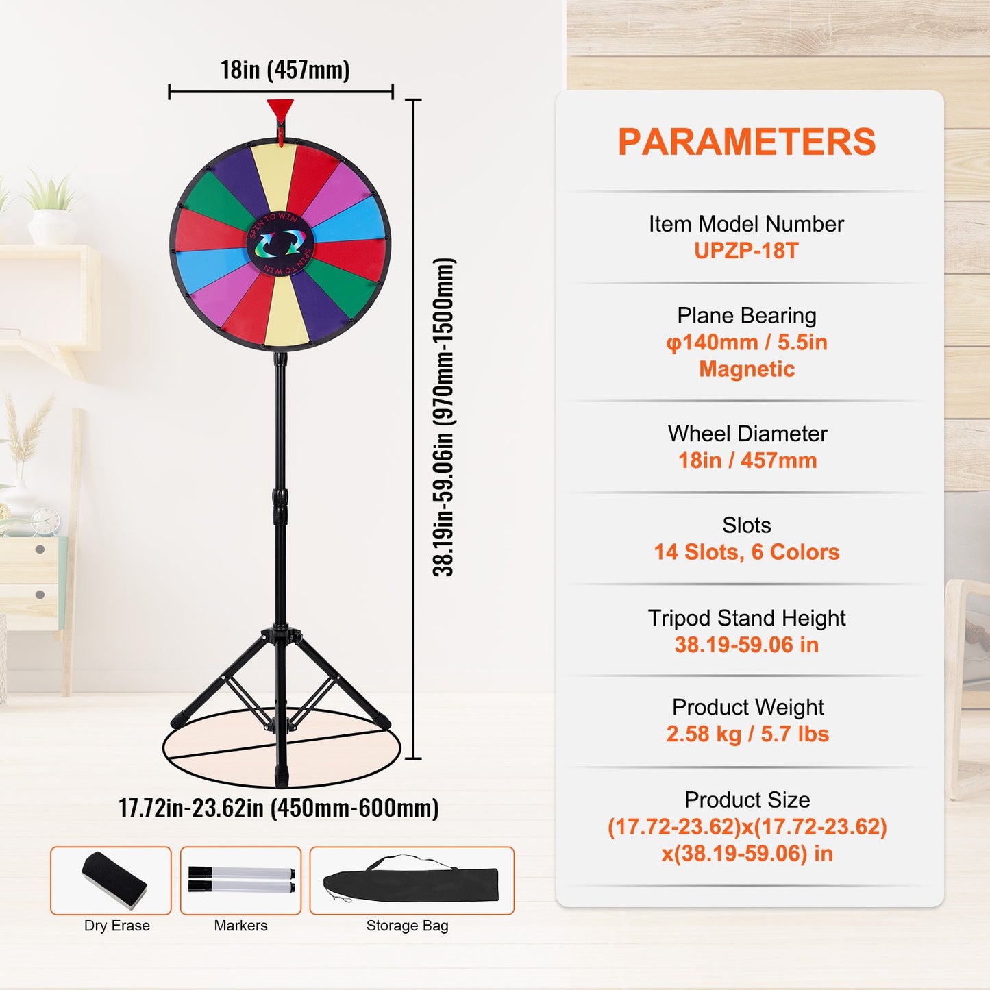 18 Inch Tabletop Color Prize Wheel with Folding Tripod Floor Stand 14 Slots Dry Erase - Image 7