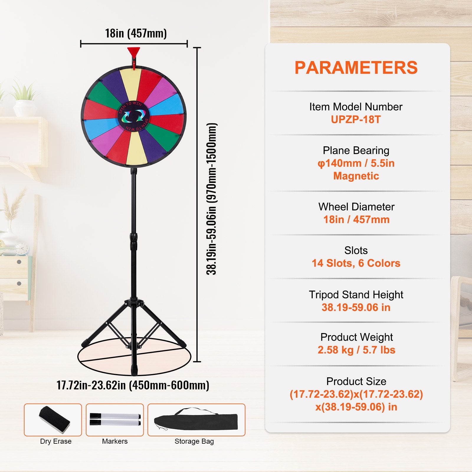18 Inch Tabletop Color Prize Wheel with Folding Tripod Floor Stand 14 Slots Dry Erase - Image 7