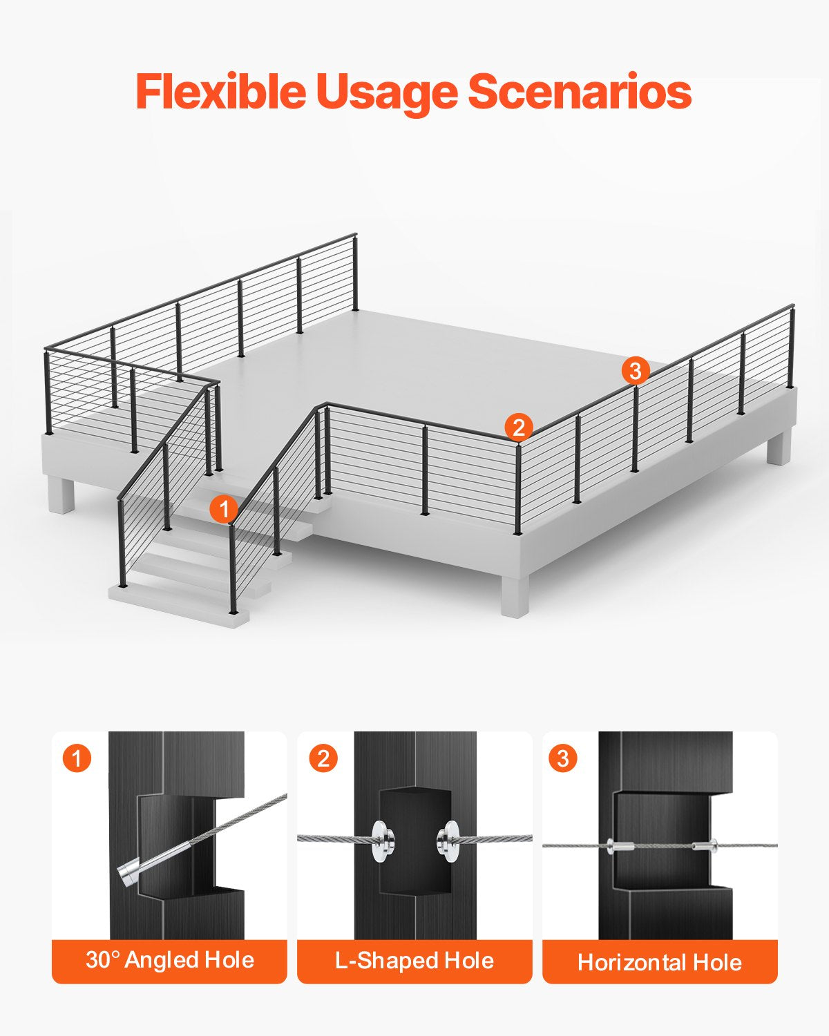 Cable Railing Post, 36x2x2 Inch Stair Railing Post, with Pre-Drilled 30° Angled Holes, Stainless Steel Cable Rail Post with Horizontal and Curved Bracket, 1-Pack, Black, 1JZLGZXHS914YIVIS001V0 - Image 5