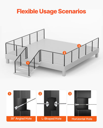 Cable Railing Post, 36x2x2 Inch Stair Railing Post, with Pre-Drilled 30° Angled Holes, Stainless Steel Cable Rail Post with Horizontal and Curved Bracket, 1-Pack, Black, 1JZLGZXHS914YIVIS001V0 - Image 5