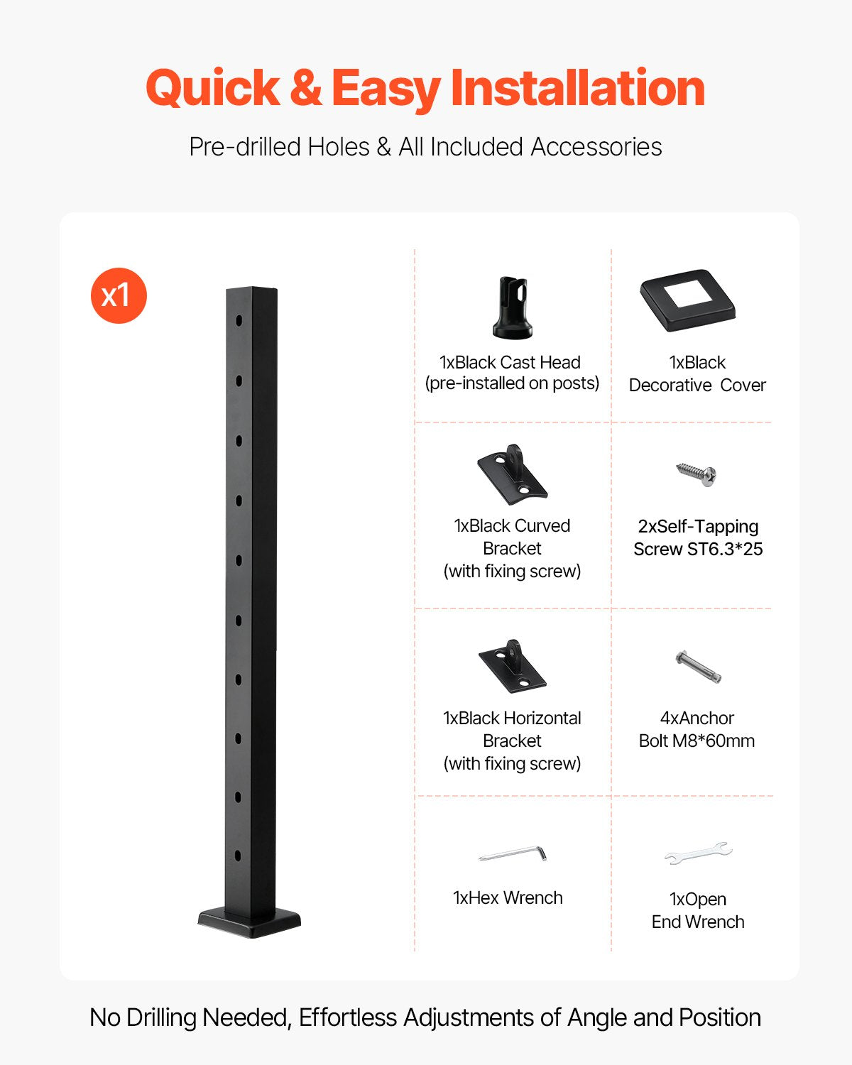 Cable Railing Post, 36x2x2 Inch Stair Railing Post, with Pre-Drilled 30° Angled Holes, Stainless Steel Cable Rail Post with Horizontal and Curved Bracket, 1-Pack, Black, 1JZLGZXHS914YIVIS001V0 - Image 6