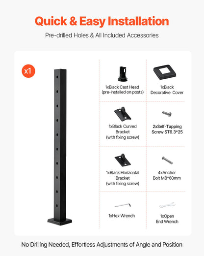 Cable Railing Post, 36x2x2 Inch Stair Railing Post, with Pre-Drilled 30° Angled Holes, Stainless Steel Cable Rail Post with Horizontal and Curved Bracket, 1-Pack, Black, 1JZLGZXHS914YIVIS001V0 - Image 6