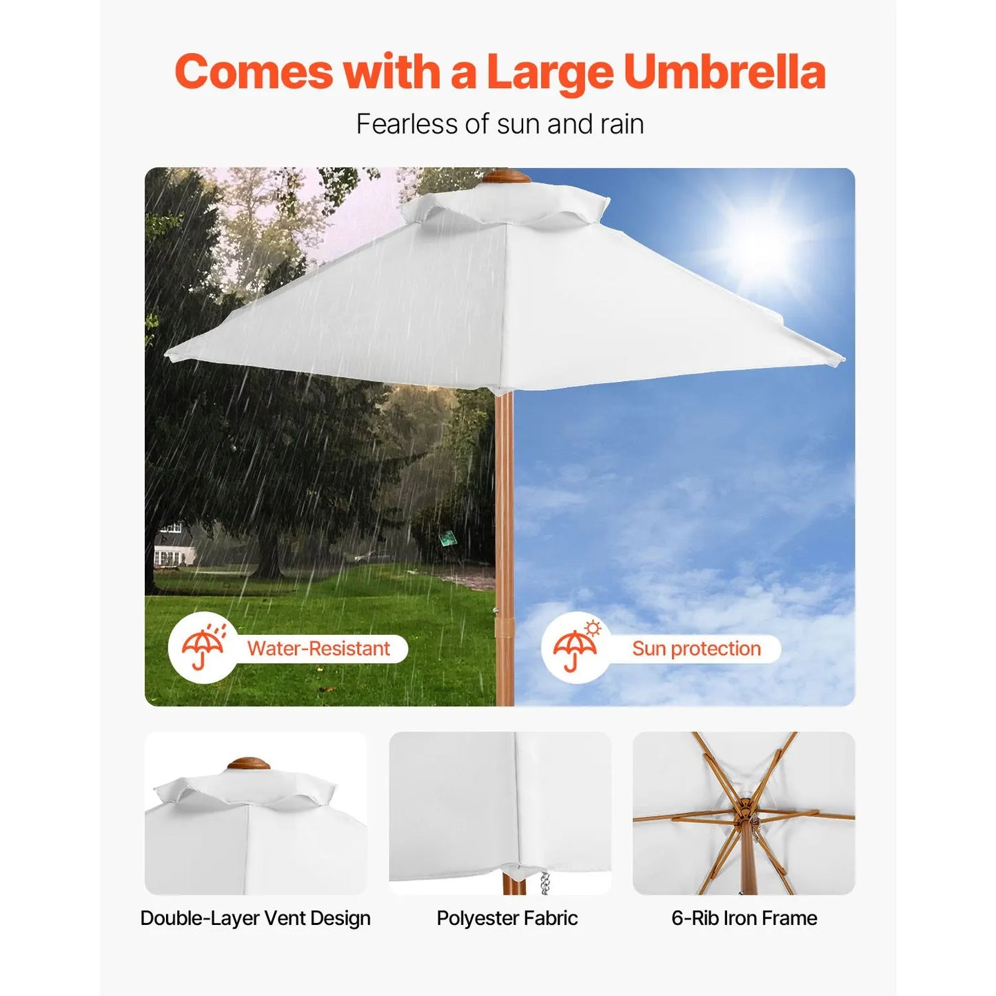 Picnic Table Wooden Tables and Bench Set Umbrella Garden Indoor Outdoor - Image 4