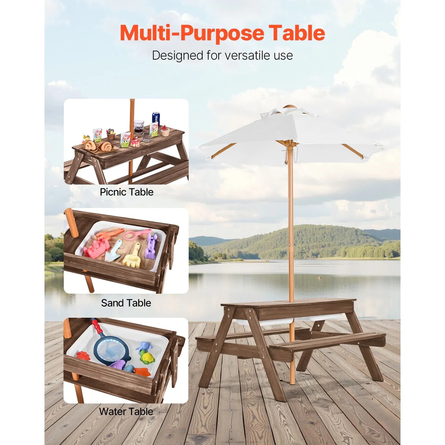 Picnic Table Wooden Tables and Bench Set Umbrella Garden Indoor Outdoor - Image 5