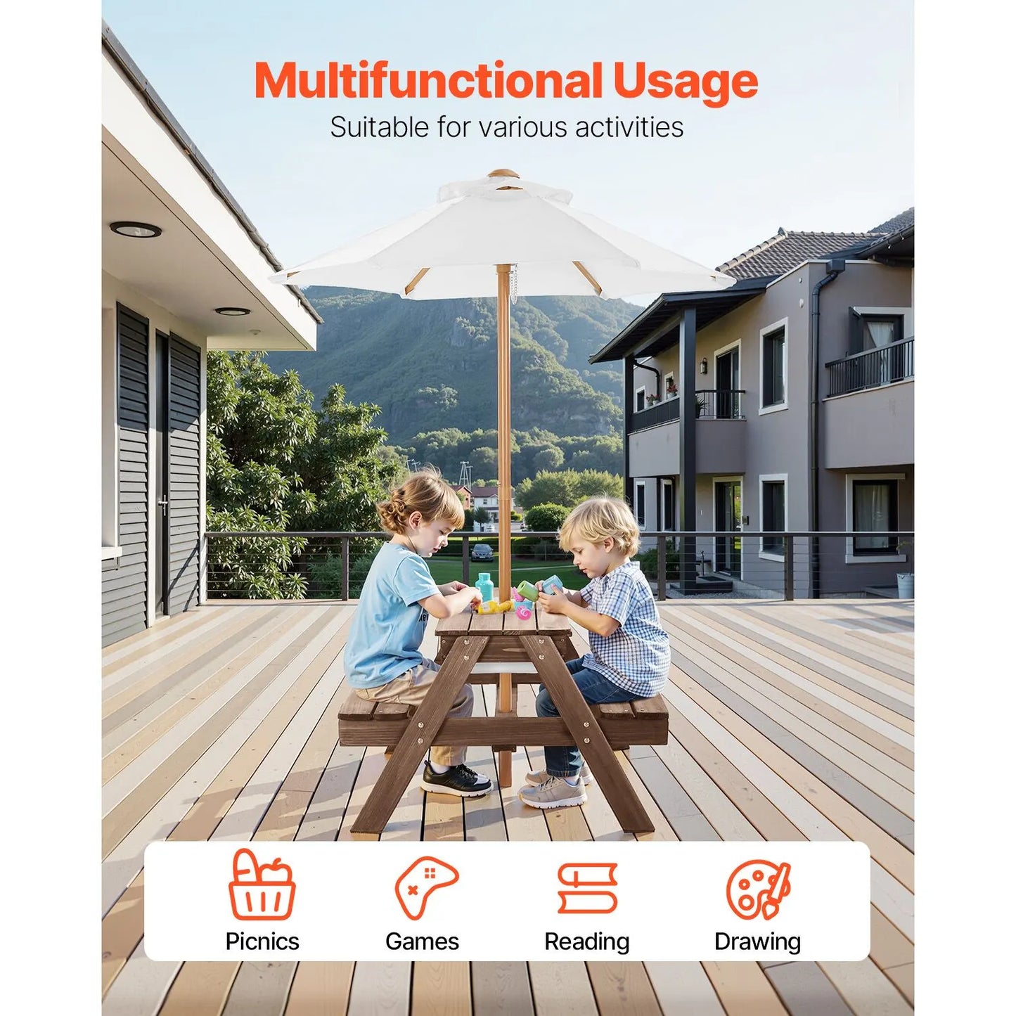 Picnic Table Wooden Tables and Bench Set Umbrella Garden Indoor Outdoor - Image 6