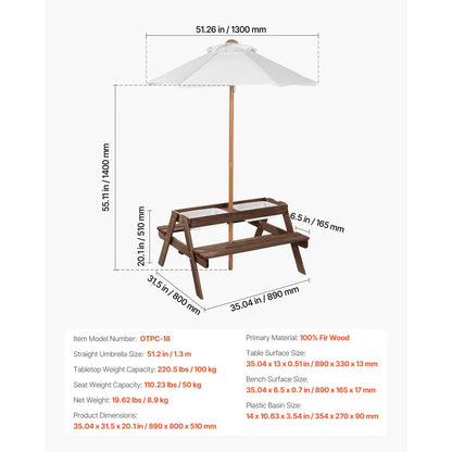 Picnic Table Wooden Tables and Bench Set Umbrella Garden Indoor Outdoor - Image 7